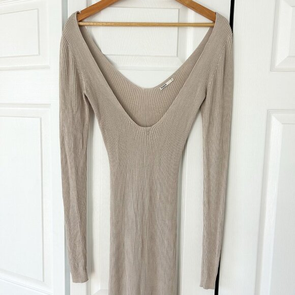 House of CB Adeline Taupe Rib Knit Midi Dress Long Sleeve Scoop Neck Size S - Picture 2 of 9